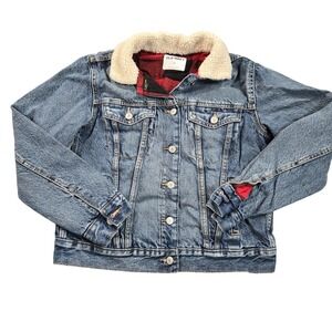 Old Navy Denim Jacket Womens Medium Blue Sherpa Collar Plaid Lined Trucker